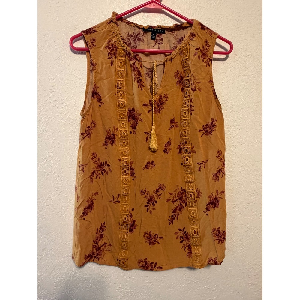 Como Black Mustard Floral Sleeveless Blouse Tassel Boho Top G2U010BC Medium